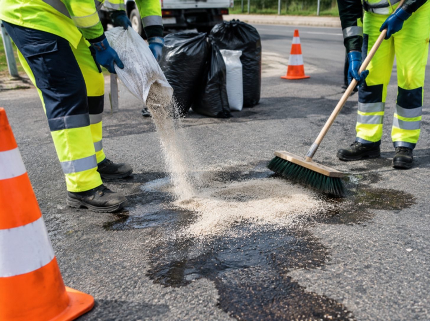 Operatori spargono assorbente su una macchia di olio sull'asfalto