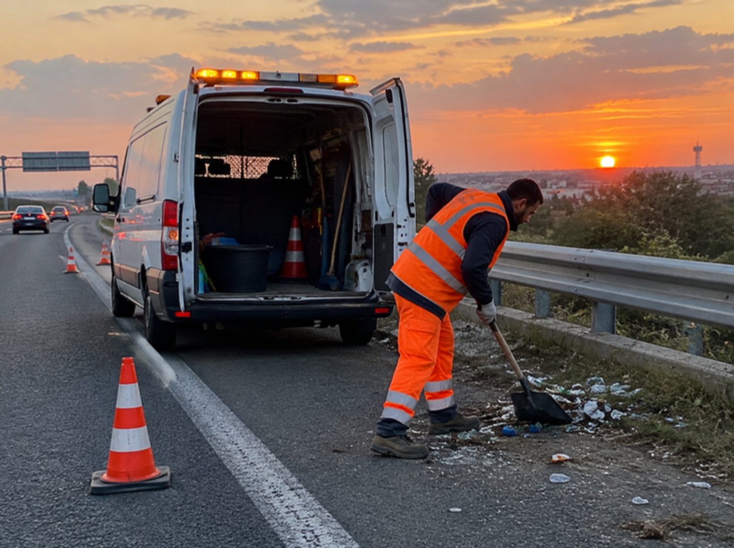 Operatore raccoglie detriti a bordo tangenziale accanto al furgone di servizio